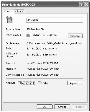 PENTAX PHOTO BROWSER - Affichage des propriétés des dossiers/fichiers image - 2