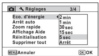 PENTAX OPTIO W90 - Utilisez le bouton de navigation ( ) pour selectionner le laps de temps qui s'écoule avant l'activation du mode économique d'énergie. - 1