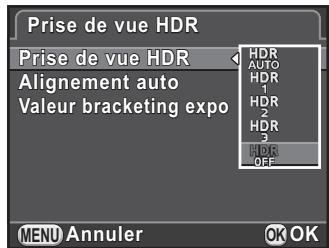 PENTAX K-30 - Sélectionnez [prise de vue HDR] dans le menu [mode pr. de vue 1] et appuyez sur le bouton de navigation (▶). - 1