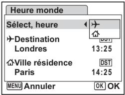 PENTAX OPTIO W60 - Affichage de l'heure de la destination sur l'écran (Sélect, heure) - 2
