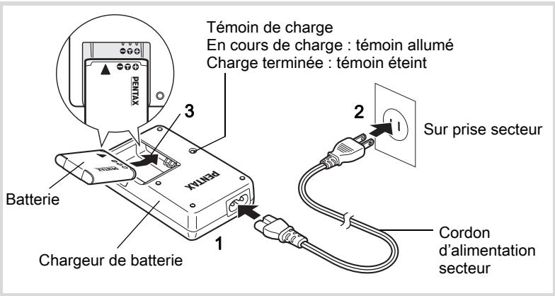 PENTAX OPTIO WG-1,  OPTIO WG3,  WG-10,  WG-3 - Charge de la batterie - 1