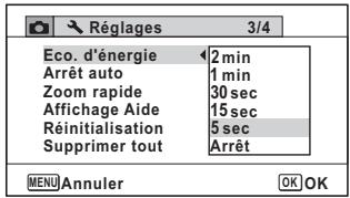 PENTAX W90 - Utilisez le bouton de navigation ( ) pour sélectionner le laps de temps qui s'écoule avant l'activation du mode économique d'énergie. - 1