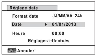 Réglage date Format date JJ/MM/AA 24h Date ▶ 01/01/2013 Heure 00:00 Réglages effectués MENU Annuler