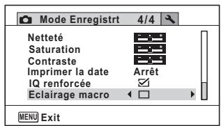 Mode Enregistrt 4/4 Netteté Saturation Contraste Imprimer la date Arrêt IQ renforcée Eclairage macro MENU Exit