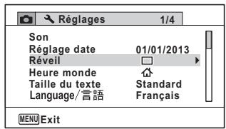 Réglages 1/4 Son Réglage date 01/01/2013 Réveil □ Heure monde ↗ Taille du texte Standard Language/言語 Français MENU Exit