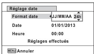 Réglage date Format date JJ/MM/AA 24h Date 01/01/2013 Heure 00:00 Réglages effectués MENU Annuler