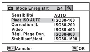 Mode Enregistrt 2/4 Sensibilité AUTO Plage ISO AUTO ISO80-100 Correction IL ISO80-200 Vidéo ISO80-400 Régl. Plage Dyn. ISO80-800 Stabilisatélect ISO80-1600 MENU Annuler OK OK