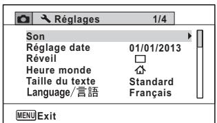 Réglages 1/4 Son Réglage date 01/01/2013 Réveil Heure monde Taille du texte Standard Language/言語 Français MENU Exit