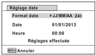 Réglage date Format date ▶JJ/MM/AA 24h Date 01/01/2013 Heure 00:00 Réglages effectués MENU Annuler