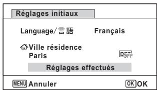 Réglages initiaux Language/言語 Français Ville résidence Paris DGEF Réglages effectués MENU Annuler OK OK