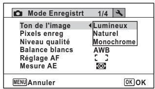 Mode Enregistrt 1/4 Ton de l'image Lumineux Pixels enreg Naturel Niveau qualité Monochrome Balance blancs AWB Réglage AF Mesure AE