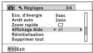 Réglages 3/4 Eco. d'énergie 5sec Arrêt auto 3min Zoom rapide □ Affichage Aide ✓ Réinitialisation Supprimer tout MENU Exit