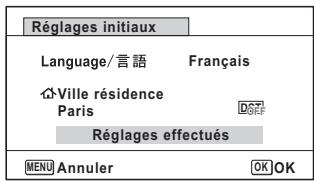Réglages initiaux Language/言語 Français Ville résidence Paris Réglages effectués MENU Annuler OK OK
