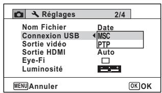 Réglages 2/4 Nom Fichier Date Connexion USB MSC Sortie vidéo PTP Sortie HDMI Auto Eye-Fi Luminosité MENU Annuler OK OK