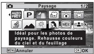 Paysage 1/2 AUTO PICT P WIDE Idéal pour les photos de paysage. Rehausse couleurs du ciel et du feuillage MENU Annuler OK OK