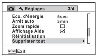 Réglages 3/4 Eco. d'énergie 5sec Arrêt auto 3min Zoom rapide □ Affichage Aide ✓ Réinitialisation Supprimer tout MENU Exit