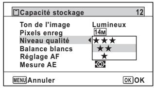 Capacité stockage 12 Ton de l'image Lumineux Pixels enreg [14M] Niveau qualité ★★★★ Balance blancs ★★★ Réglage AF ★ Mesure AE