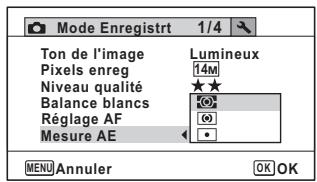 Mode Enregistrt 1/4 Ton de l'image Lumineux Pixels enreg 14M Niveau qualité ★★ Balance blancs 02 Réglage AF 09 Mesure AE • MENU Annuler OK OK