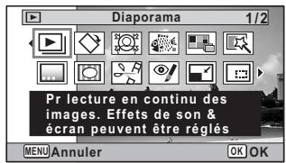 Diaporama 1/2 Pr lecture en continu des images. Effets de son & écran peuvent être réglés MENU Annuler OK OK