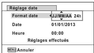 Réglage date Format date JJ/MM/AA 24h Date 01/01/2013 Heure 00:00 Réglages effectués MENU Annuler