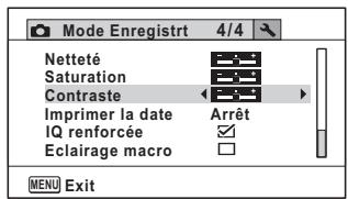 Mode Enregistrt 4/4 Netteté Saturation Contraste Imprimer la date Arrêt IQ renforcée Eclairage macro MENU Exit