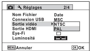 Réglages 2/4 Nom Fichier Date Connexion USB MSC Sortie vidéo NTSC Sortie HDMI PAL Eye-Fi Luminosité MENU Annuler OK OK
