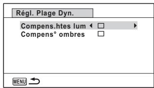 Régl. Plage Dyn. Compens.htes lum □ Compens° ombres □ MENU →