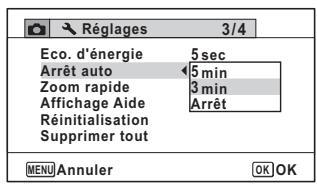 Réglages 3/4 Eco. d'énergie 5 sec Arrêt auto 5 min Zoom rapide 3 min Affichage Aide Arrêt Réinitialisation Supprimer tout MENU Annuler OK OK