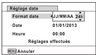 Réglage date Format date JJ/MM/AA 24h Date 01/01/2013 Heure 00:00 Réglages effectués MENU Annuler