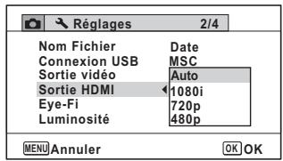 Réglages 2/4 Nom Fichier Date Connexion USB MSC Sortie vidéo Auto Sortie HDMI 1080i Eye-Fi 720p Luminosité 480p MENU Annuler OK OK