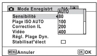Mode Enregistrt Sensibilité Auto 80 Plage ISO AUTO 100 Correction IL 200 Vidéo 400 Régl. Plage Dyn. Stabilisatélect MENU Annuler OK OK