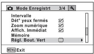 Mode Enregistrt 3/4 Intervalle Dét° yeux fermés ✓ Zoom numérique ✓ Affich. Immédiat ✓ Mémoire Régl. Bout. Vert ✓ MENU Exit