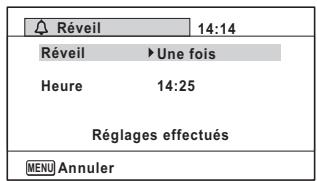 Réveil 14:14 Réveil ▶ Une fois Heure 14:25 Réglages effectués MENU Annuler