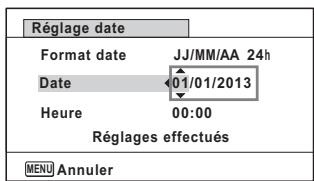 Réglage date Format date JJ/MM/AA 24h Date 01/01/2013 Heure 00:00 Réglages effectués MENU Annuler