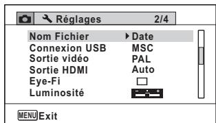 Réglages 2/4 Nom Fichier ►Date Connexion USB MSC Sortie vidéo PAL Sortie HDMI Auto Eye-Fi □ Luminosité MENU Exit