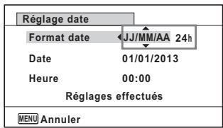 Réglage date Format date ←JJ/MM/AA 24h Date 01/01/2013 Heure 00:00 Réglages effectués MENU Annuler