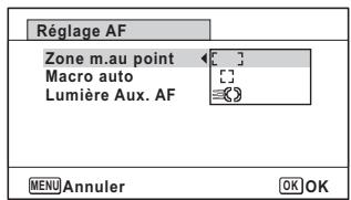Réglage AF Zone m.au point Macro auto Lumière Aux. AF MENU Annuler OK OK