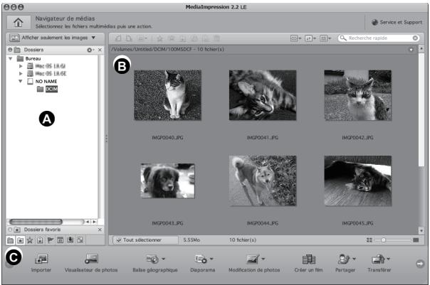 MediaImpression 2.2 LE Navigateur de médias Selectionnez les fichers multimédias puis une action. Service et Support Afficher seulement les images Dossiers Bureau Mac OS L8.6& Mac OS L8.6E NO NAME NEW A B Volumes/Unlisted/DCM/100MSDCF - 10 fichier(s) IMGPO040.JPG IMGPO041.JPG IMGPO042.JPG IMGPO043.JPG IMGPO044.JPG IMGPO045.JPG Dossiers favors Tout sélectionner 5,55Mo 10 fichier(s) C Importer Visualisateur de photos Baise géographique Diaporama Modification de photos Créer un film Partager Transferer