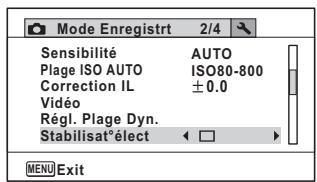 Mode Enregistrt 2/4 Sensibilité AUTO Plage ISO AUTO ISO80-800 Correction IL ±0.0 Vidéo Régl. Plage Dyn. Stabilisat°élect □ MENU Exit