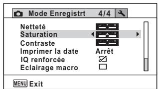 Mode Enregistrt 4/4 Netteté Saturation Contraste Imprimer la date Arrêt IQ renforcée Eclairage macro MENU Exit