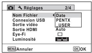 Réglages 2/4 Nom Fichier Date Connexion USB PENTX Sortie vidéo USER Sortie HDMI Auto Eye-Fi Luminosité MENU Annuler OK OK