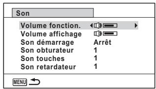 Son Volume fonction. Volume affichage Son démarrage Arrêt Son obturateur 1 Son touches 1 Son retardateur 1 MENU
