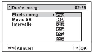 Durée enreg. 02:26 Pixels enreg 1280 Movie SR 1280 Intervalle 640 640 320 320 MENU Annuler OK OK