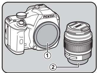 PENTAX KX - Retirez les caches de la monture du boîtier (①) et de la monture de l'objectif (②). - 1