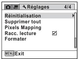 Réinitialisation Supprimer tout Pixels Mapping Racc. lecture Formater MENU Exit