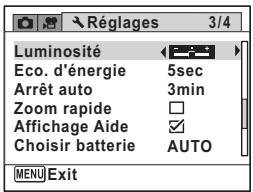 Luminosité Eco. d'énergie 5sec Arrêt auto 3min Zoom rapide □ Affichage Aide ✓ Choisir batterie AUTO MENU Exit
