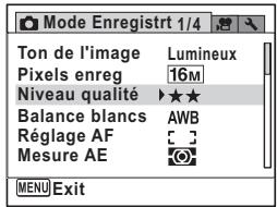 Mode Enregistrt 1/4 Ton de l'image Lumineux Pixels enreg 16M Niveau qualité ★★ Balance blancs AWB Réglage AF C Mesure AE