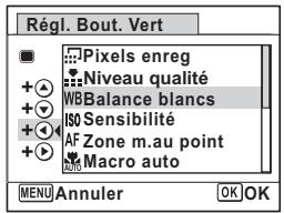 Régl. Bout. Vert Pixels enreg Niveau qualité WBBalance blancs ISO Sensibilité AF Zone m.au point Macro auto MENU Annuler OK OK