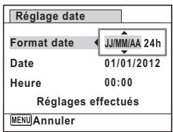 Réglage date Format date ← JJ/MM/AA 24h Date 01/01/2012 Heure 00:00 Réglages effectués MENU Annuler