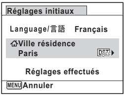 Réglages initiaux Language/言語 Français Ville résidence Paris Réglages effectués MENU Annuler